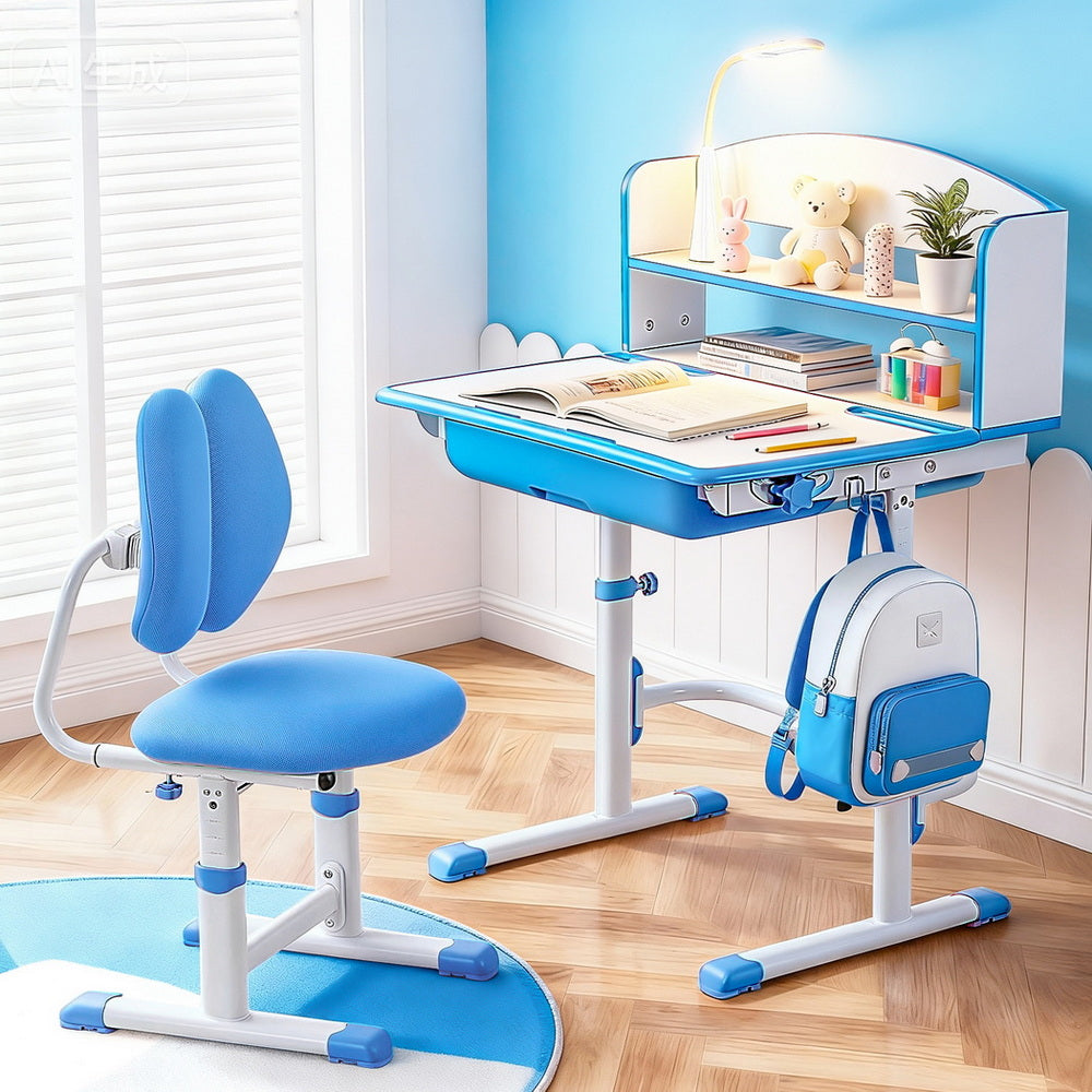 Keezi Adjustable Kids Study Desk and Chair Set with LED Lamp – Blue