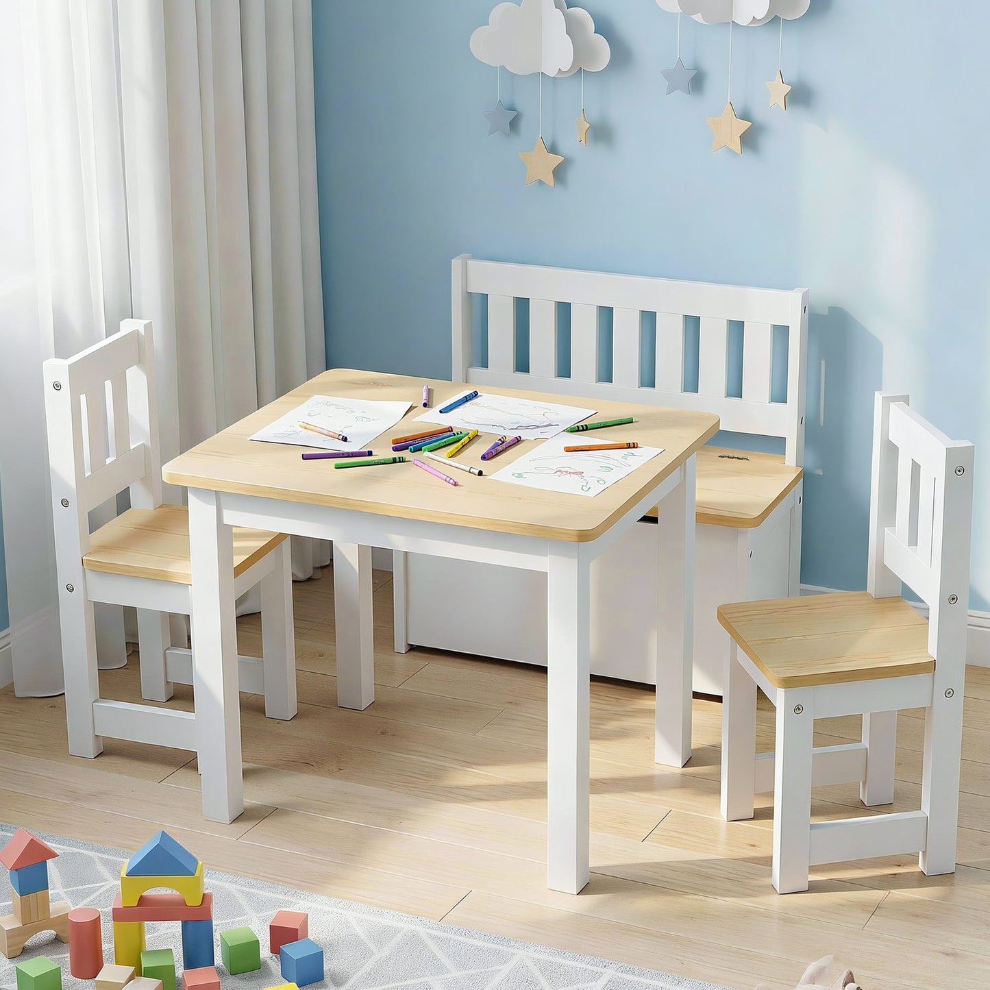 Keezi 2-in-1 Kids Activity Table and Chair Set with Storage Bench – Natural 4 PCS
