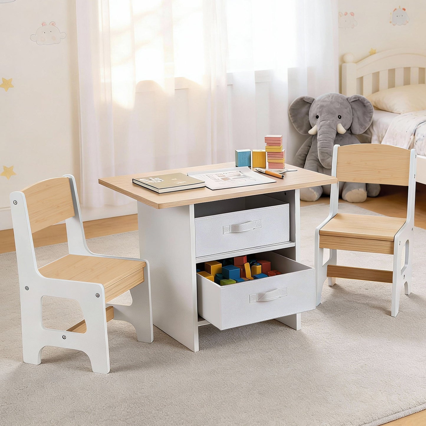 Keezi Kids Activity Table and 2 Chairs Set with Storage Drawers