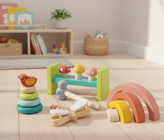 Collection of colorful wooden toys on a white background