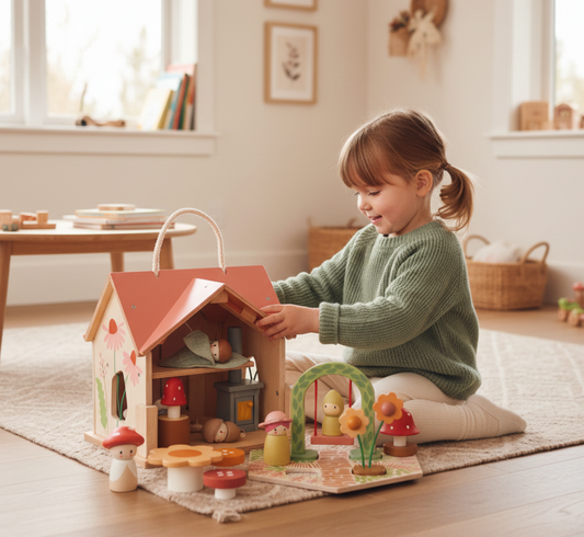 Child playing with a wooden dollhouse and accessories in a bright room.