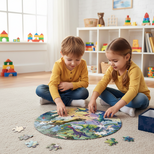 Dinosaur-themed puzzle with packaging and pieces displayed on a blue background
