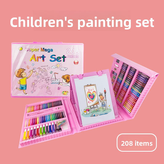 Pink 208-Piece Kids Art Set with Built-in Trifold Easel Drawing and Painting Kit