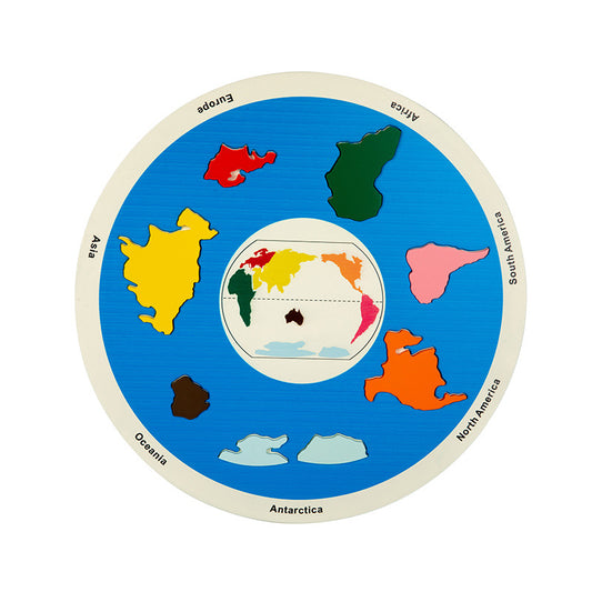 World map puzzle with colored pieces on a blue background