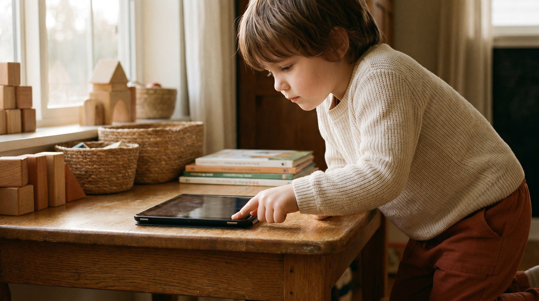 A child reaching to turn off a tablet while looking away from the screen with a slightly bored expression, in a bright home setting with other toys visible.