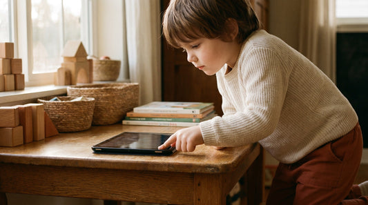 A child reaching to turn off a tablet while looking away from the screen with a slightly bored expression, in a bright home setting with other toys visible.
