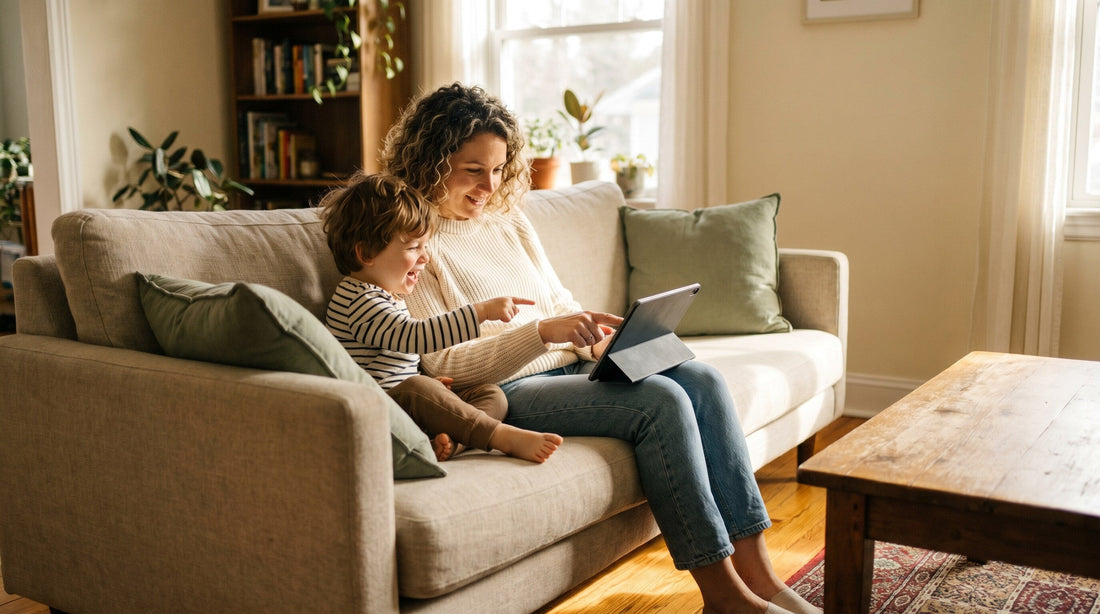 A mother and young child sitting together on a sofa, both looking at a tablet, the mother pointing at the screen while the child laughs. Warm light, relaxed home setting.