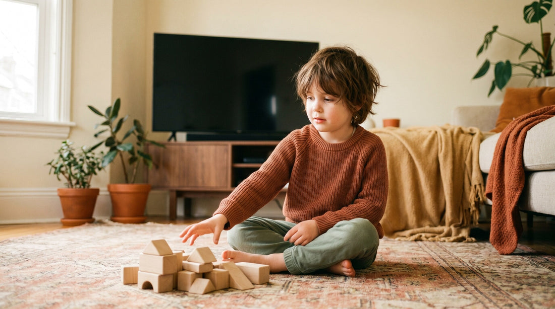 A child sitting on the floor transitioning from screen to a pile of wooden blocks, looking uncertain but beginning to reach for a block. Soft natural light, home setting.