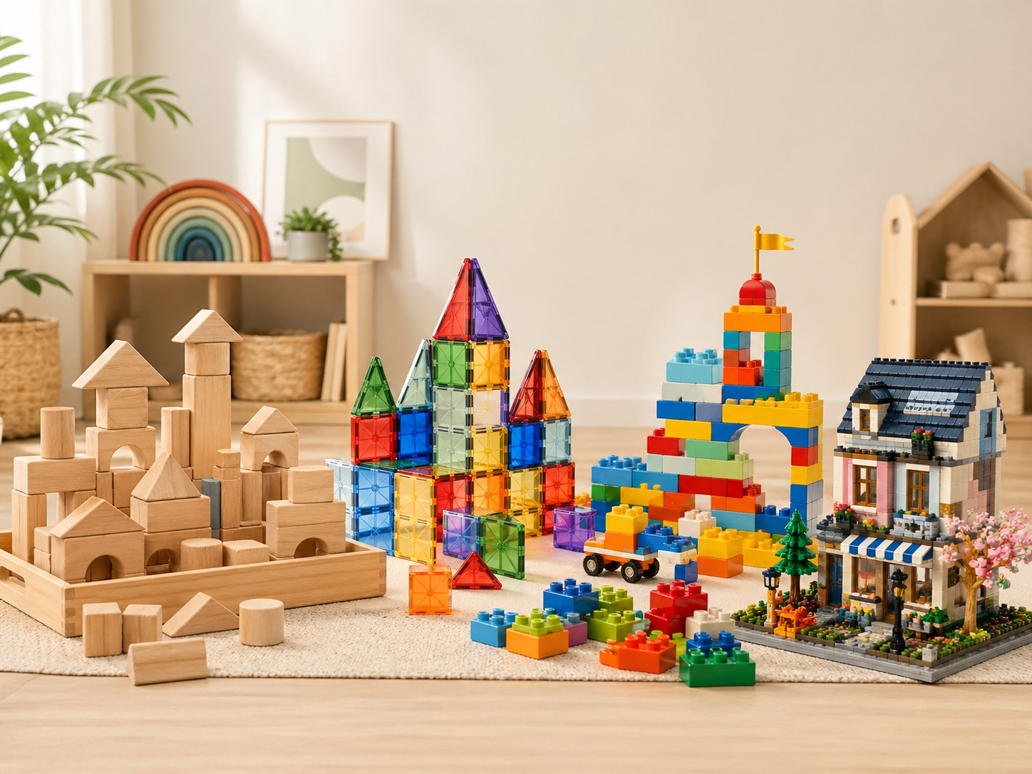 Building block sets in Australia with wooden blocks, magnetic tiles and creative construction toys for kids in a modern playroom