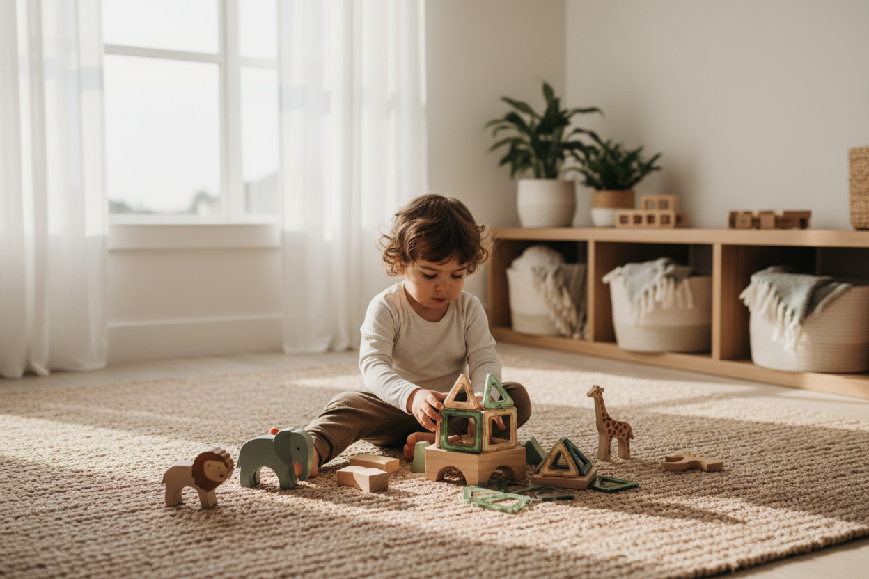 Child playing with wooden blocks, magnetic tiles and animal figurines in a calm open-ended play space for creative screen-free learning.