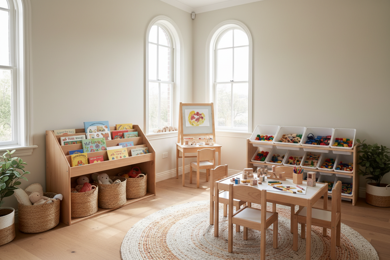 Playroom and study space with wooden bookshelf, child desk, activity table, storage baskets, books, puzzles, blocks and art supplies in a bright family home.