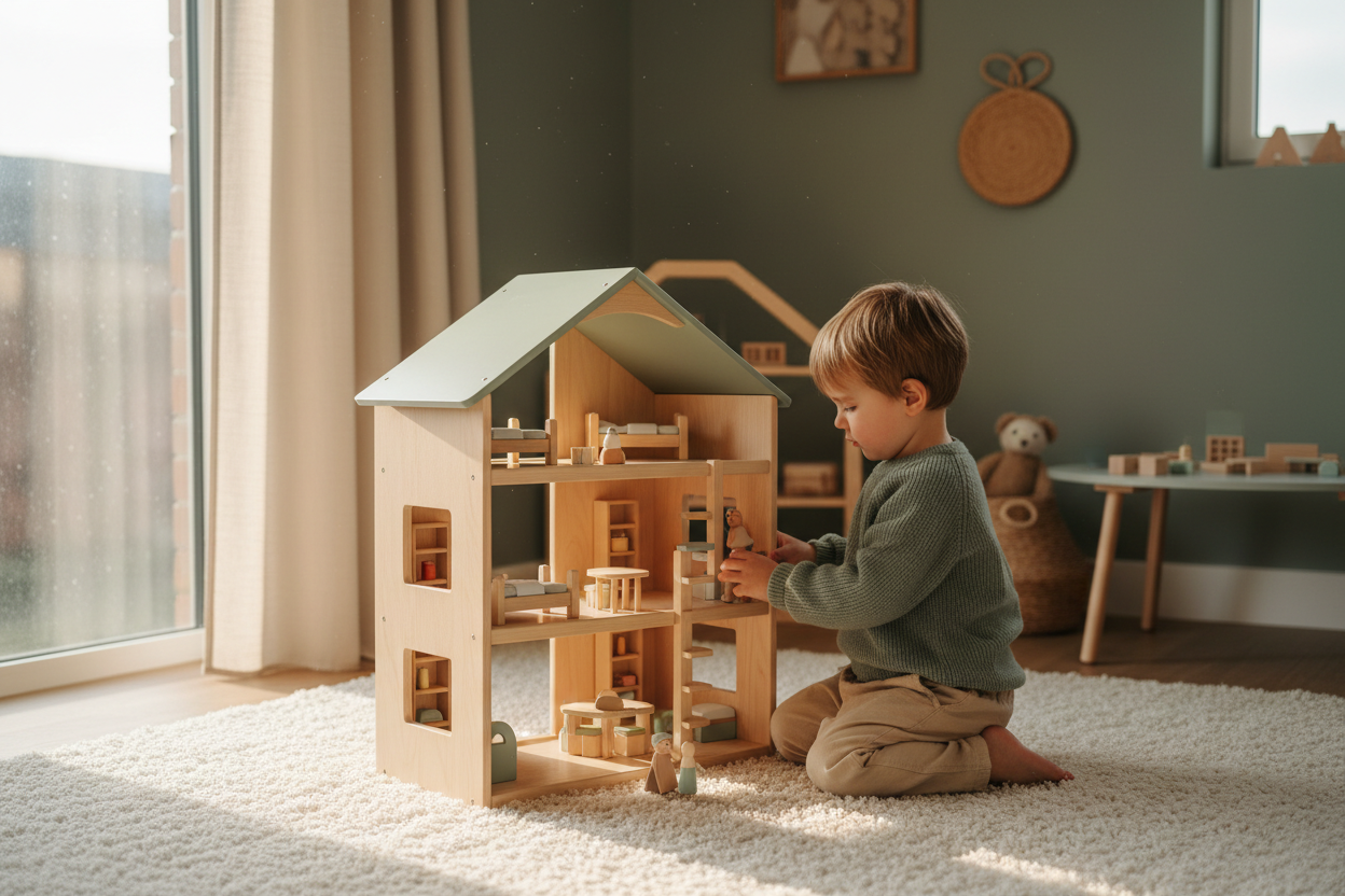 Child playing with a wooden doll house and small playset accessories in a warm modern playroom for imaginative pretend play.