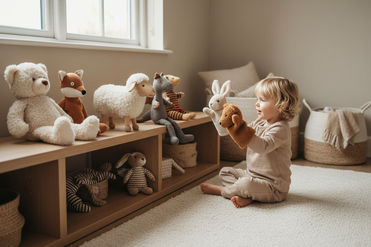 Child playing with plush animals and hand puppets in a warm modern playroom for storytelling and imaginative play.