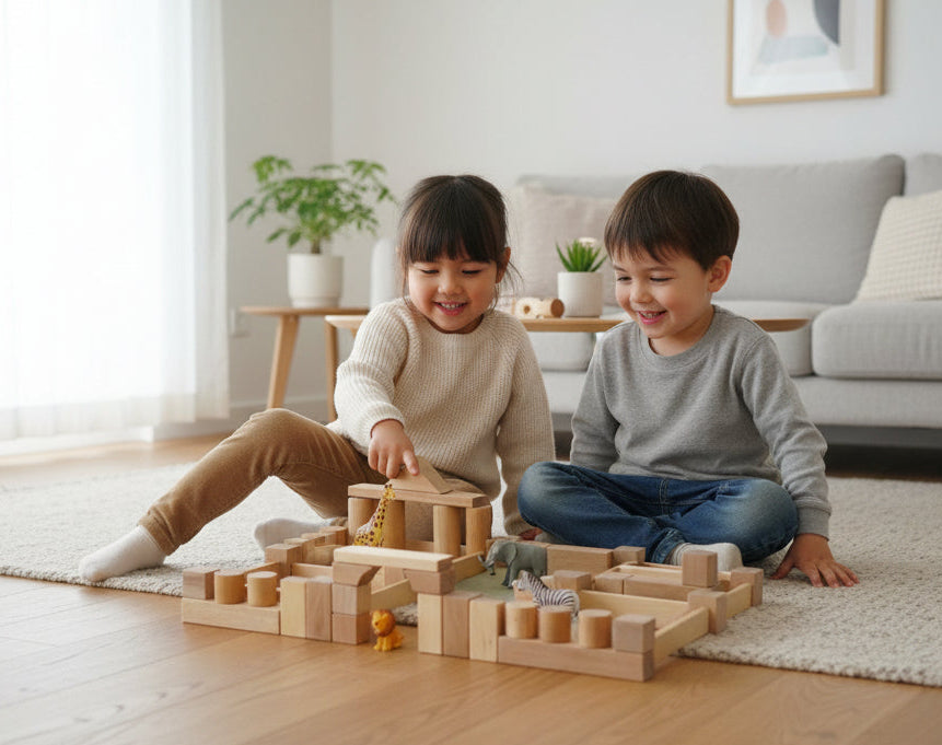Wooden building blocks on a white background