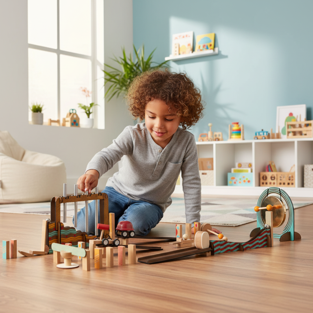 Child playing with a wooden toy set in a bright, organized room.
