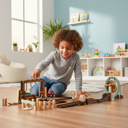 Child playing with a wooden toy set in a bright, organized room.