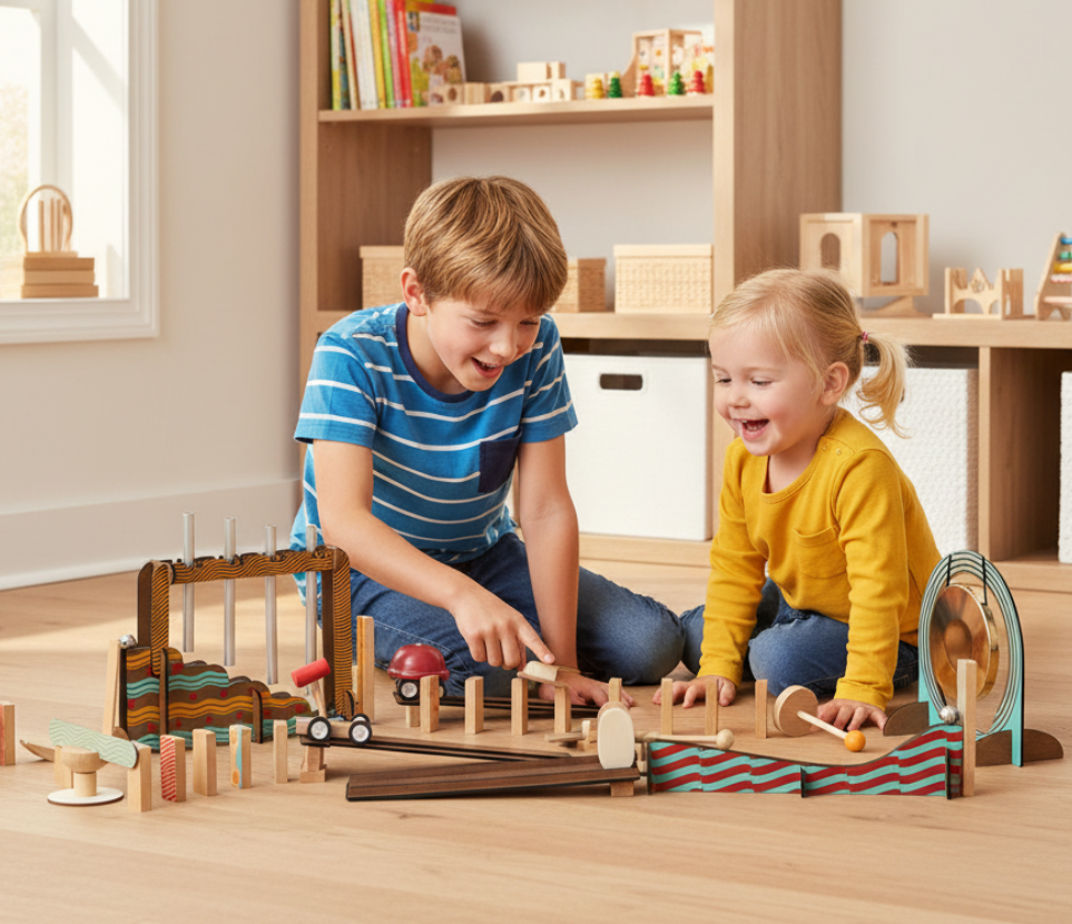 Two children playing with wooden toys in a room with shelves and a window.