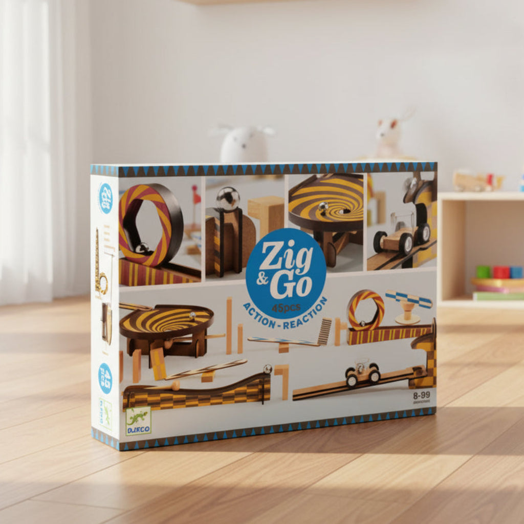 Box of Zig & Go wooden track toy set with various track pieces on a white background