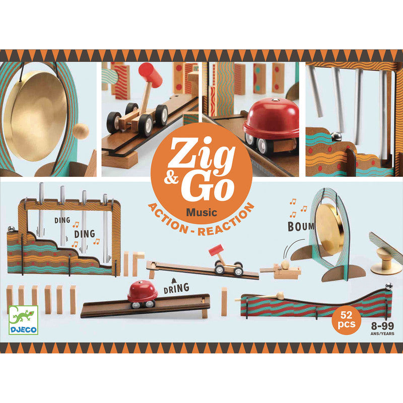 Zig & Go toy set packaging with various toy pieces and 'Zig & Go' branding.