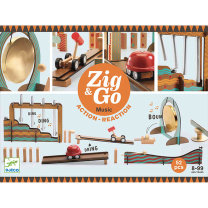 Zig & Go toy set packaging with various toy pieces and 'Zig & Go' branding.
