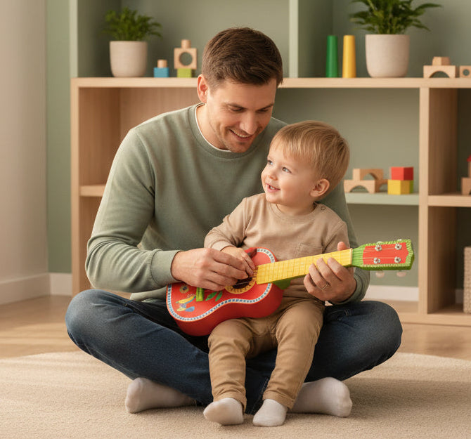 Colorful toy guitar with decorative elements on a white background