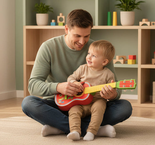 Colorful toy guitar with decorative elements on a white background