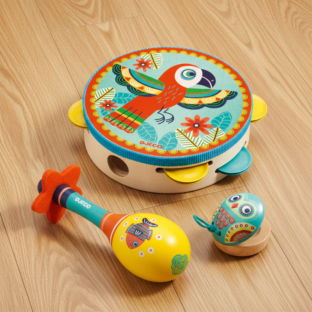 Colorful children's musical instruments with parrot design on a white background