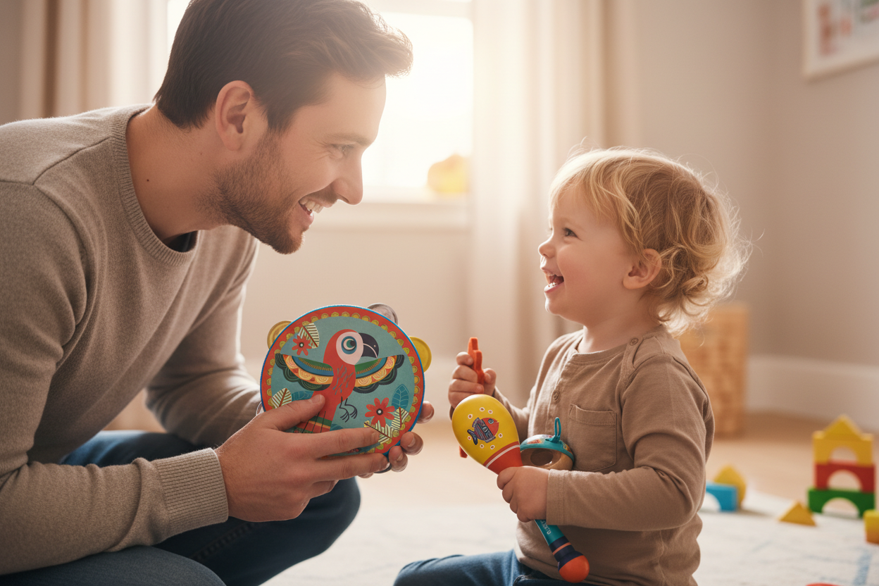 Man and child playing together with colorful toys in a bright room