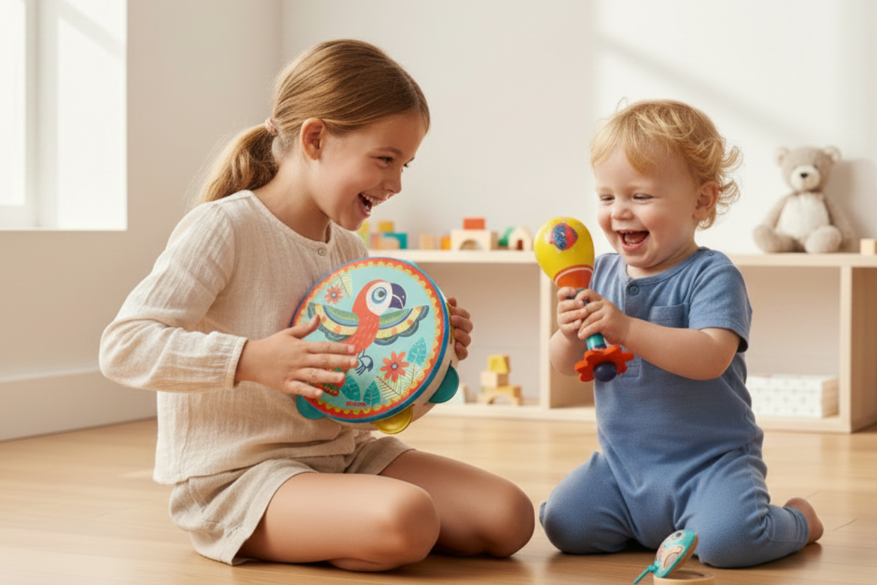 Two children playing with toys on a wooden floor in a bright room.