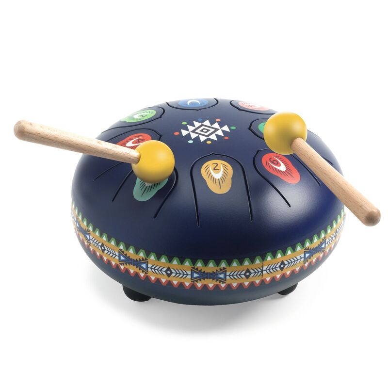 Decorative drum with colorful patterns and two drumsticks on a white background