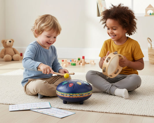 Colorful handpan drum with mallets and music theory cards on a white background