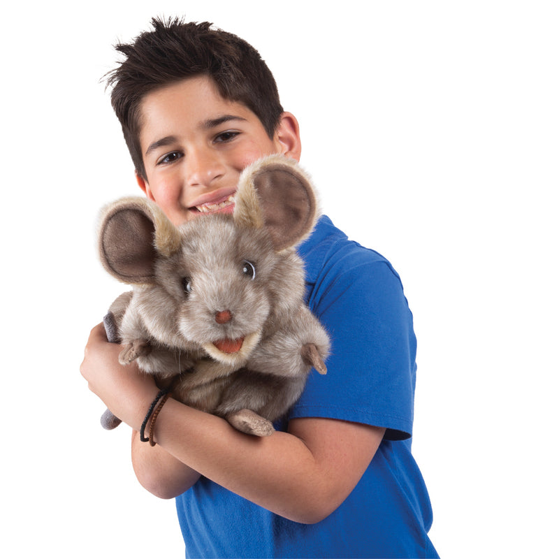 Child holding a plush mouse toy against a white background