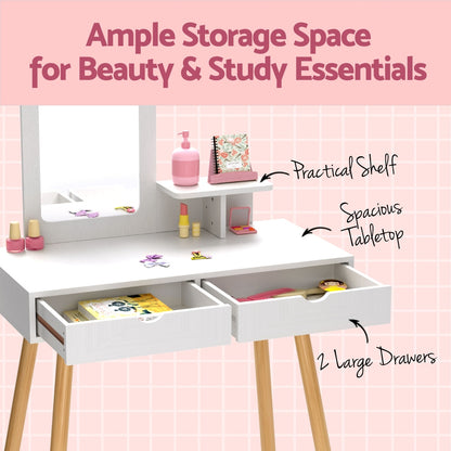 Keezi Kids Vanity Dressing Table and Chair Set with Mirror & Drawers