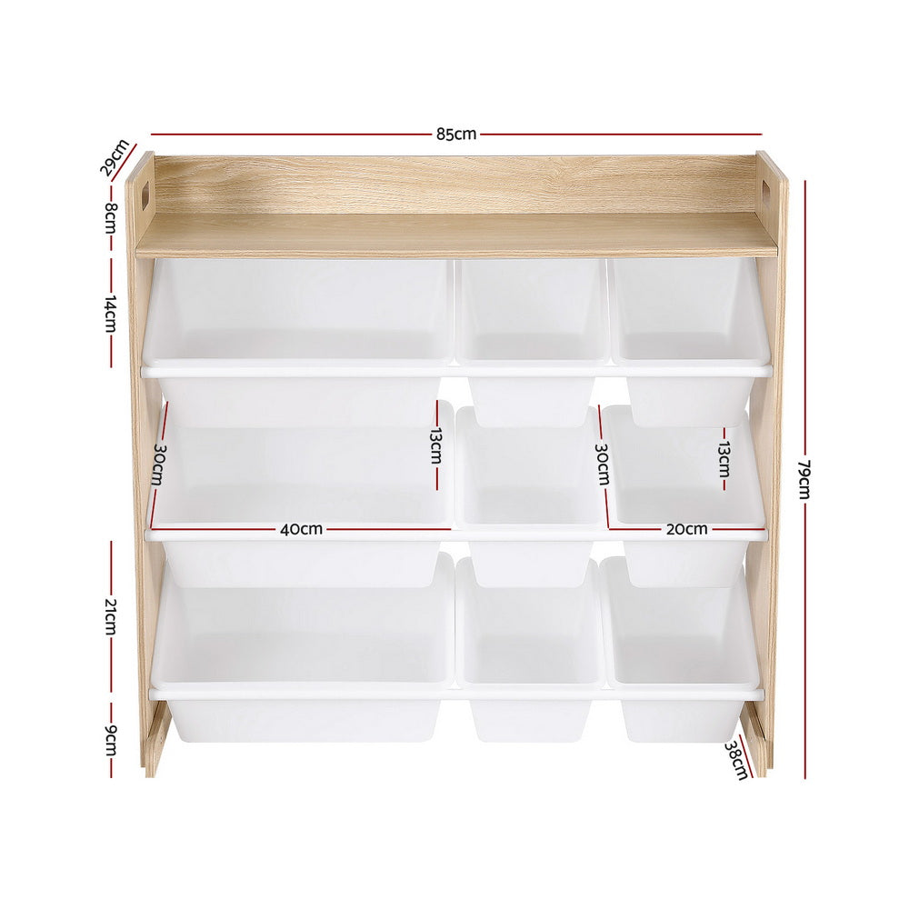Keezi Kids Toy Storage Organiser with 9 Bins – White & Wooden