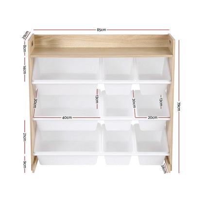 Keezi Kids Toy Storage Organiser with 9 Bins – White & Wooden