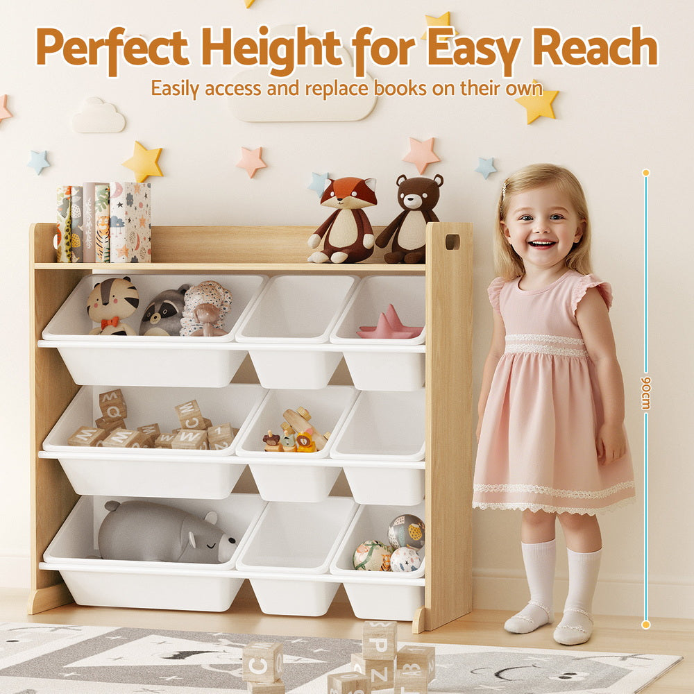 Keezi Kids Toy Storage Organiser with 9 Bins – White & Wooden