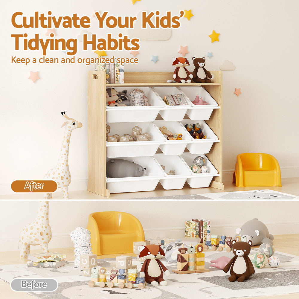 Keezi Kids Toy Storage Organiser with 9 Bins – White & Wooden