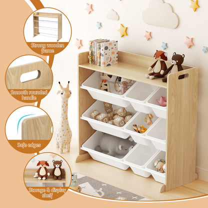 Keezi Kids Toy Storage Organiser with 9 Bins – White & Wooden