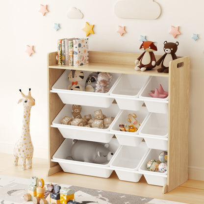 Keezi Kids Toy Storage Organiser with 9 Bins – White & Wooden
