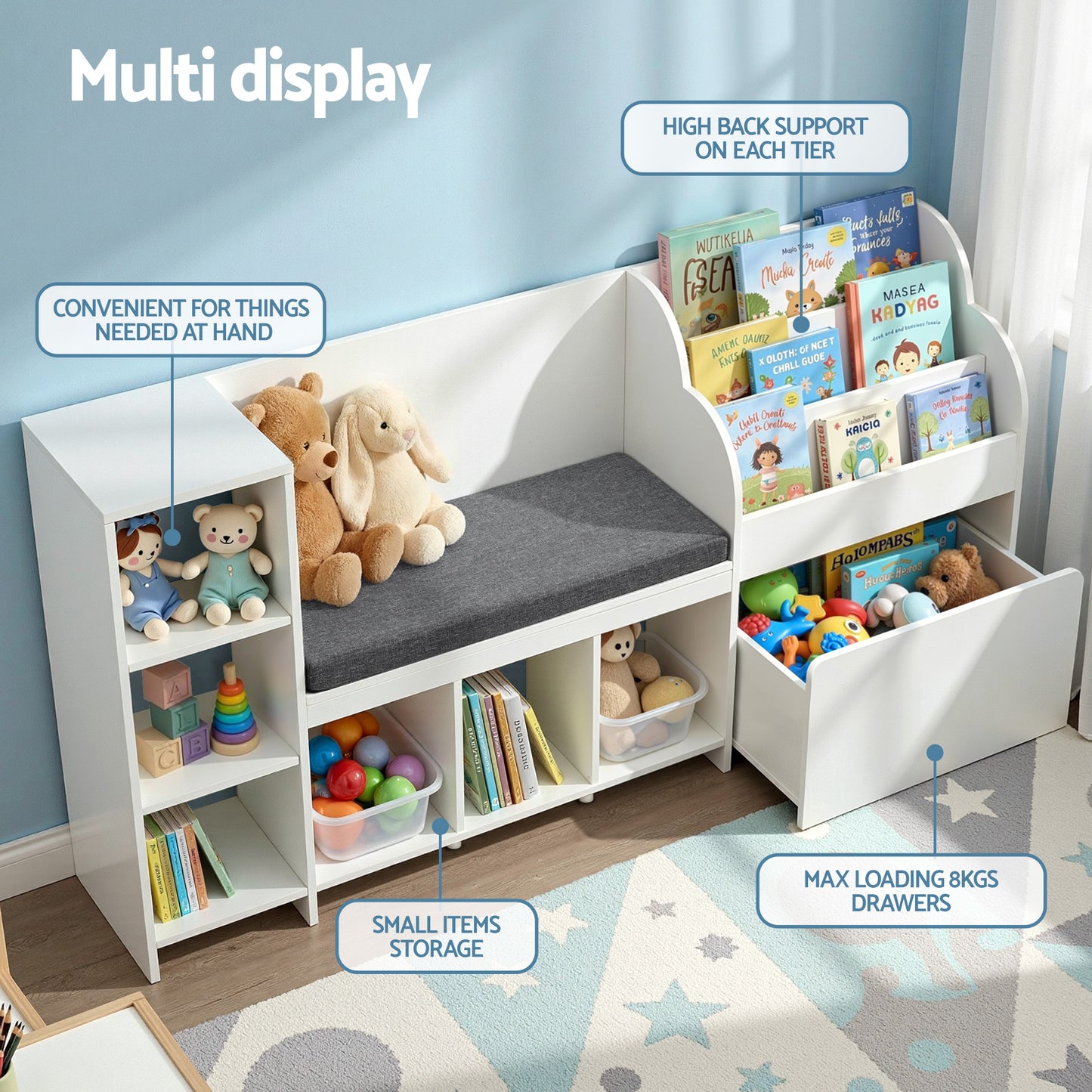 Keezi Kids Bookshelf with Sling Pouches and Storage Drawer