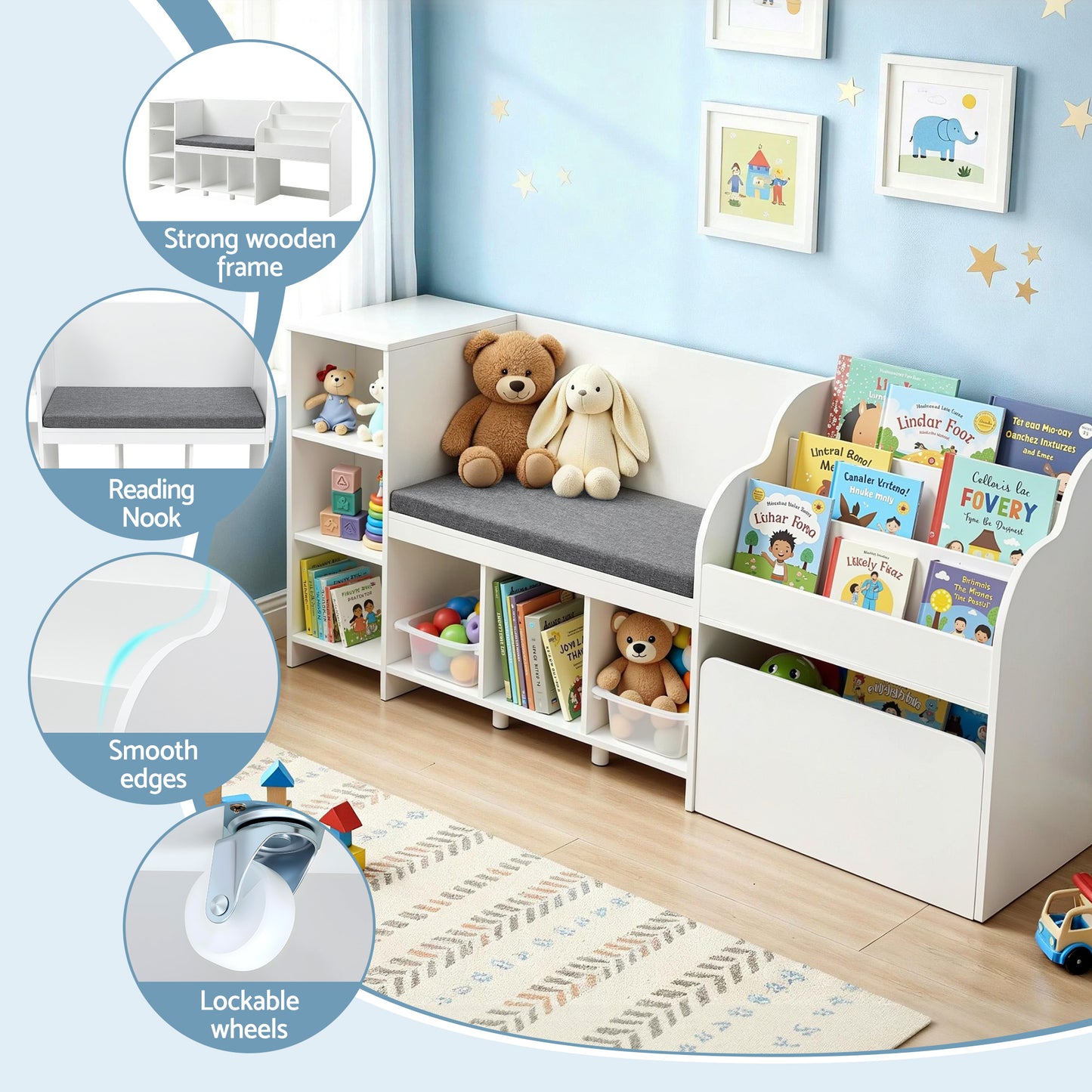 Keezi Kids Bookshelf with Sling Pouches and Storage Drawer