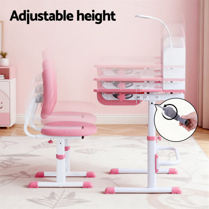 Keezi Adjustable Kids Study Desk and Chair Set with LED Lamp – Pink