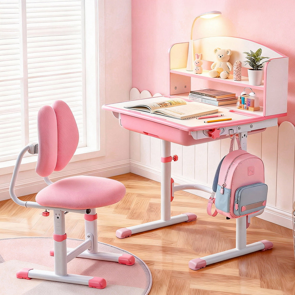 Keezi Adjustable Kids Study Desk and Chair Set with LED Lamp – Pink
