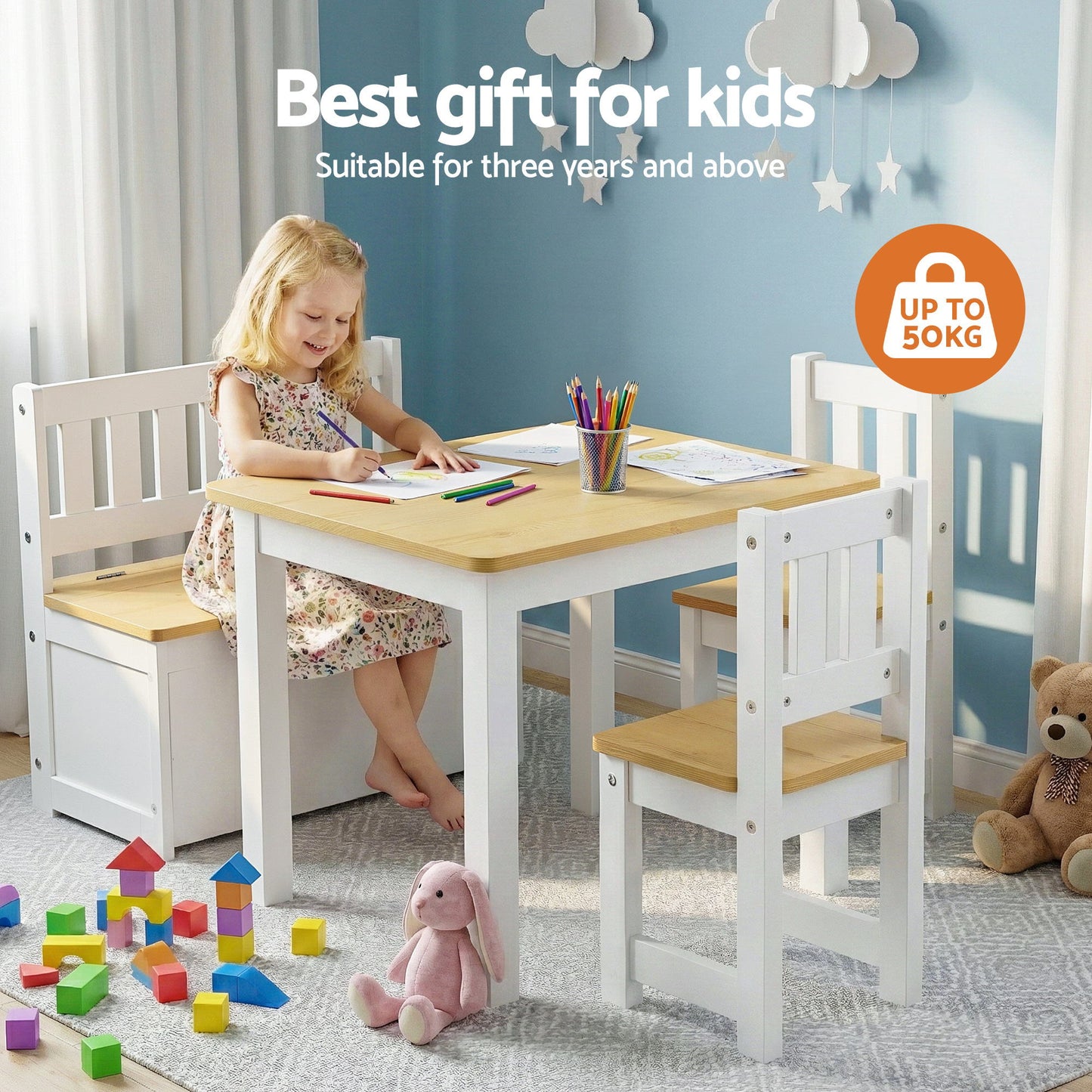Keezi 2-in-1 Kids Activity Table and Chair Set with Storage Bench – Natural 4 PCS