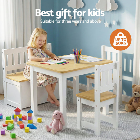 Keezi 2-in-1 Kids Activity Table and Chair Set with Storage Bench – Natural 4 PCS