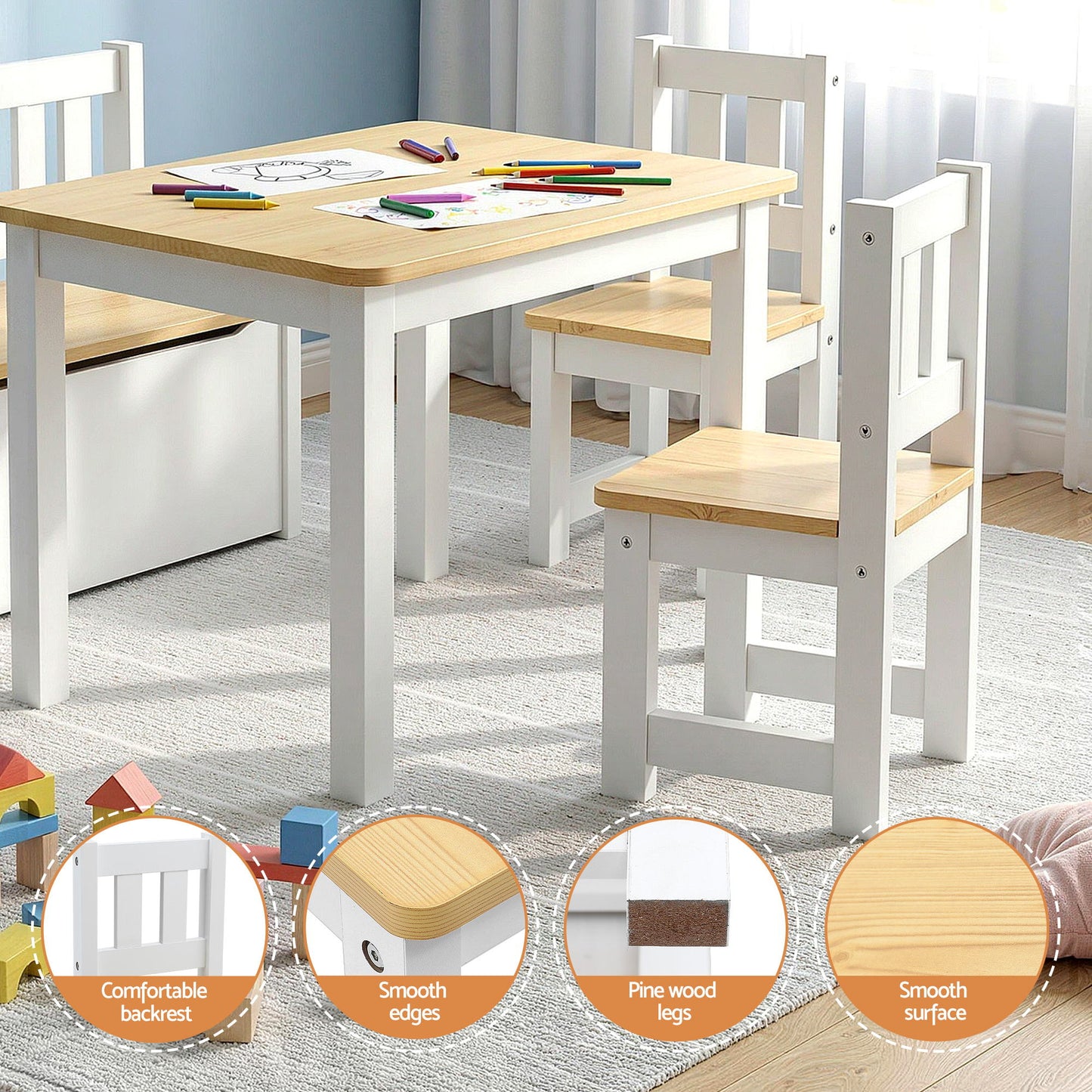 Keezi 2-in-1 Kids Activity Table and Chair Set with Storage Bench – Natural 4 PCS