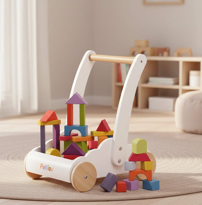 Colorful wooden blocks with a white frame and wooden handle, featuring the brand 'Petilou'.