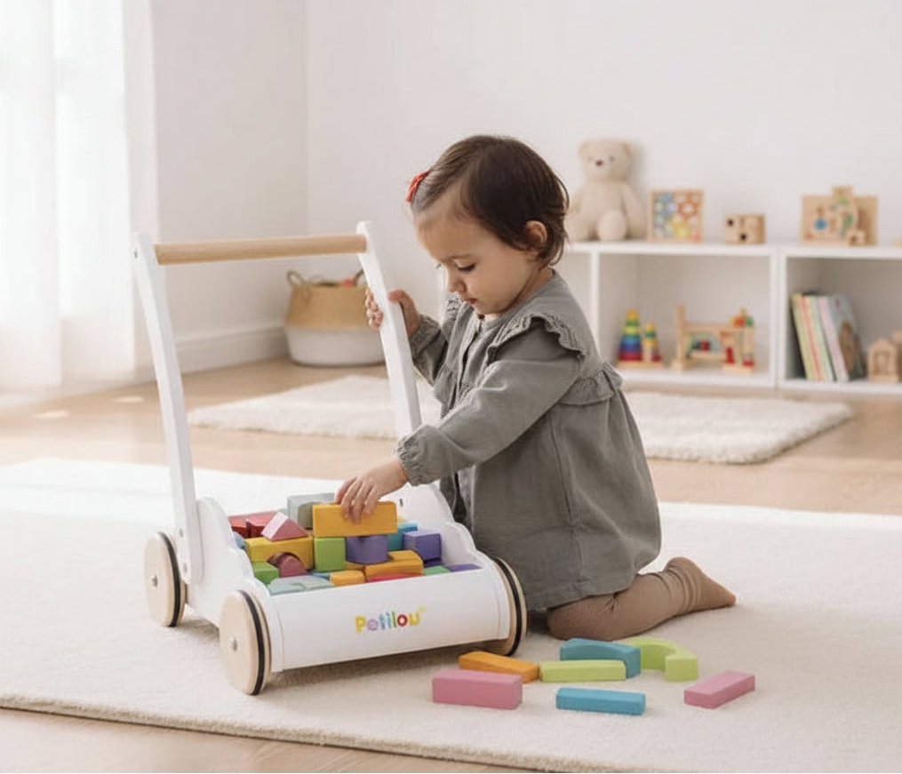 Child playing with colorful blocks in a toy organizer, with 'Learn Discover Play' branding.