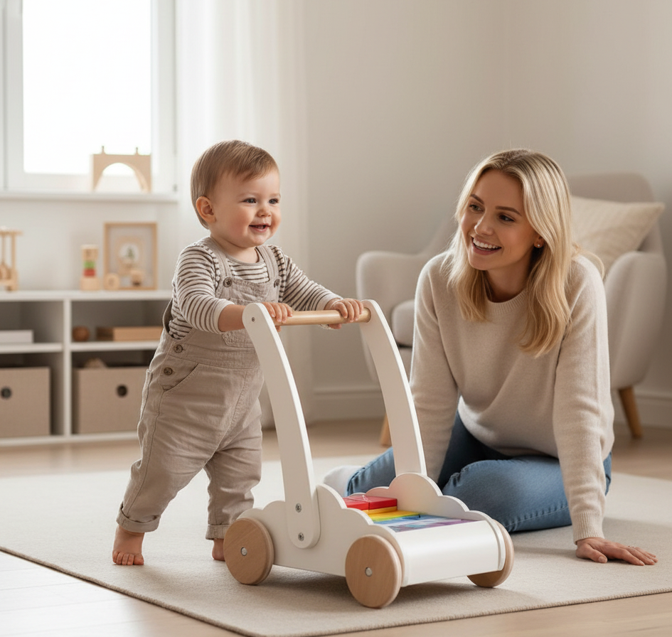 Woman and child playing with a toy in a bright room