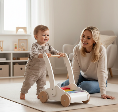 Woman and child playing with a toy in a bright room